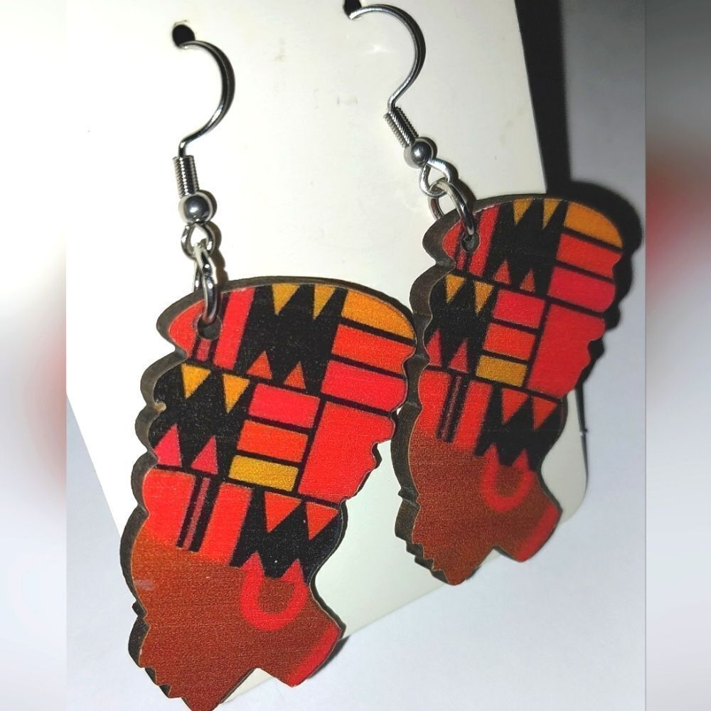 Ladies African Wooden Festive Dangle Earrings - Picture 2 of 7
